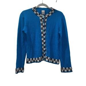 Mira Mira Button-Up Knit Cardigan – Size Small – Bright Blue Geometric Trim